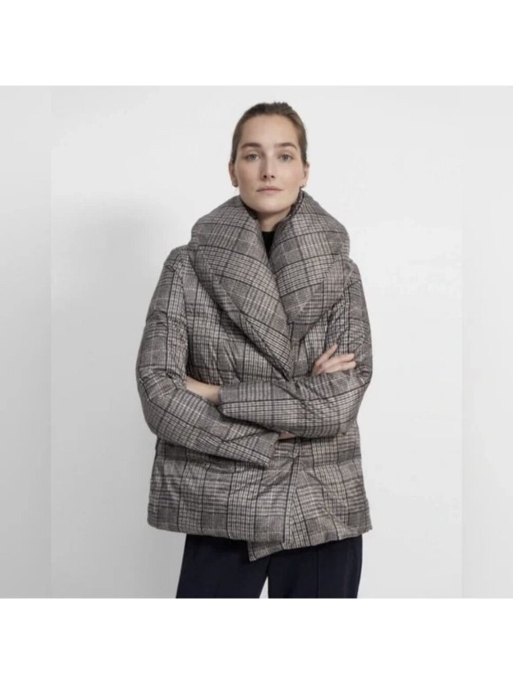 Theory Glen Plaid Reversible High Neck Down Puffer Jacket Coat Small Gray Black